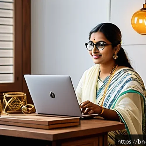Home 32 하이브리드 워크에서의 업무의 미래 - A modern hybrid work environment scene featuring a Bengali professional woman working from home in a...