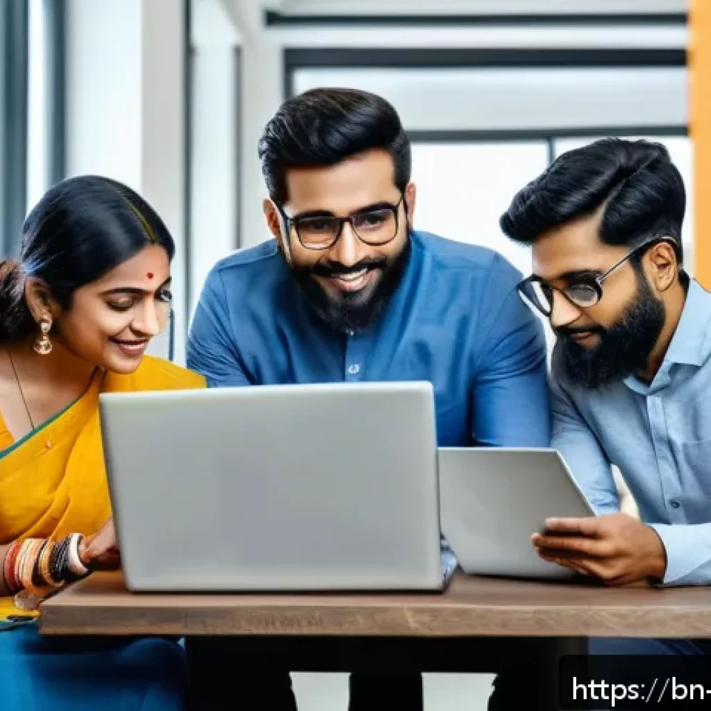 하이브리드 근무를 위한 교육 및 훈련 프로그램 - A diverse group of Bengali professionals engaged in a hybrid work environment, using laptops and dig...