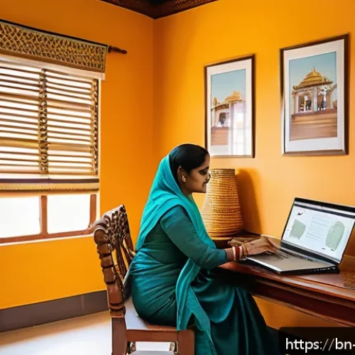 Home 17 하이브리드 워크에서의 직무 만족도 조사 - A modern Bengali home office scene showcasing a middle-aged Bengali professional woman working from ...