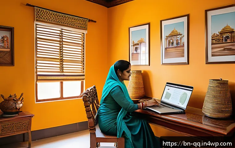 하이브리드 워크에서의 직무 만족도 조사 - A modern Bengali home office scene showcasing a middle-aged Bengali professional woman working from ...