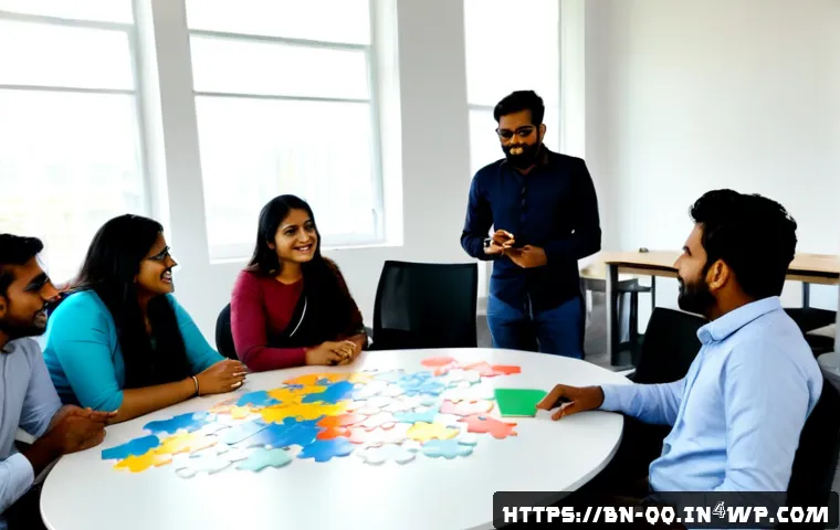 하이브리드 근무의 팀워크 향상을 위한 활동 - Photorealistic hybrid team-building workshop in a bright modern office, diverse Bengali professional...